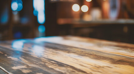 Macro of old wooden tabletop with glowing lights.