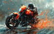 Dynamic digital artwork of a motorcyclist racing with splashing vibrant colors, conveying speed and motion.