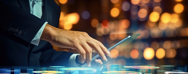 Browsing Internet Data Information Search engine with businessman hand background. Man clicking internet search bar accessing homepage on computer touch screen. Digital Networking