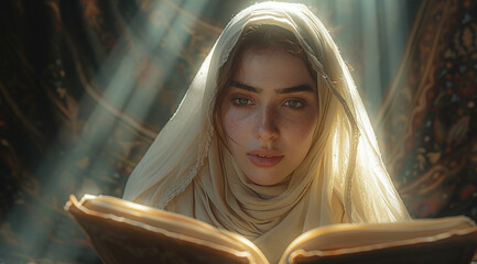 Wall Mural - Mysterious woman reading an ancient book with light rays filtering through the background.