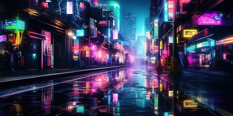Wall Mural - Cyberpunk aesthetic of a city street flooded with neon lights and reflections