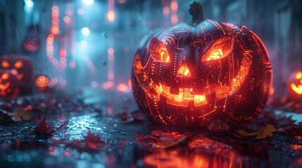 Poster - The pumpkin concept is a futuristic design based on technology and cybernetics. Neon futuristic banner design. Bright modern illustration in 3D.