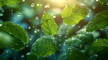 Poster - A light effect air flow fresh and mint bubbles. Foam soap with flying mint leaves - an element of a detergent - and a powerful shield or force field.