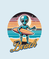 retro alien surfing in the style of the 80s and 90s beach background vector illustration