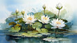 Water lilies painting flower painter watercolor oil pastel, Claude Monet, three paintings, photo printing, print, interior, art, retro, mural, vintage background impressive lily lotus - generative AI
