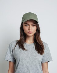 Wall Mural - A woman is wearing a hat and a t-shirt. She is posing for a photo. The image has a casual and relaxed mood