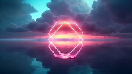 glowing ethereal neon octagon geometric shape in clouds with water reflection