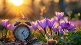 Fototapeta Niebo - Vintage alarm clock surrounded by purple crocuses in a spring sunset