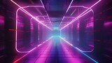 Fototapeta Przestrzenne - glowing neon futuristic underground tunnel with cyberpunk colours