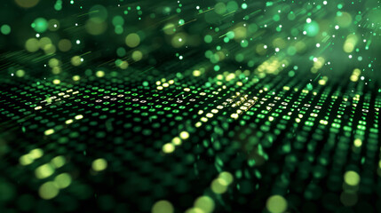 Abstract digital landscape with green binary code matrix and light effects