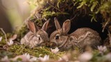 Fototapeta  - Two wild rabbits find comfort and warmth nestling together in a cozy, moss-covered den surrounded by spring flowers.