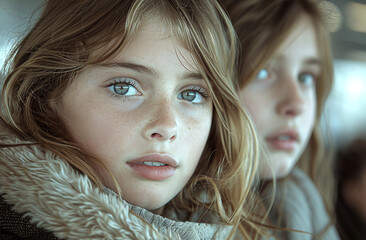 Wall Mural - Two young girls with blue eyes wearing winter clothes, a yellow jacket and a brown beanie, close-up portrait.