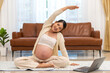 © Art_Photo - Happy smiling mother woman pregnancy with baby in belly, woman pregnant, birth, preparation, maternity, training relax and practicing yoga, fitness, exercise, wellness, workout, sport at home