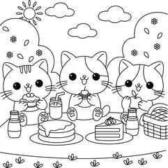 Wall Mural - Three cute cats are going on a picnic coloring page.