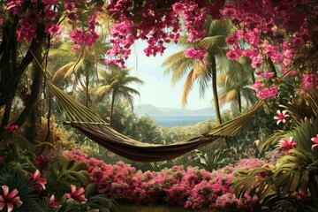 Wall Mural - Romantic cozy hammock in the shadow of the palm on the tropical beach by the sea