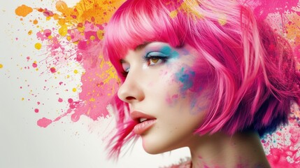 Wall Mural - Beauty Fashion Model Portrait pink hair color. Bob Short Haircut. Fringe Hairstyle. Hairdressing. Beautiful Glamour Girl with Short blonde hair