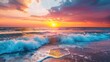 The sun sets over a dynamic ocean, with waves crashing onto the shore under a sky painted with vivid hues of orange and pink