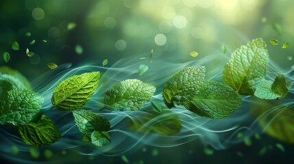 Aufkleber - A set of modern elements showing fresh air flowing from an air conditioner or humidifier. Motion blurred with mint leaves, a concept of freshness.