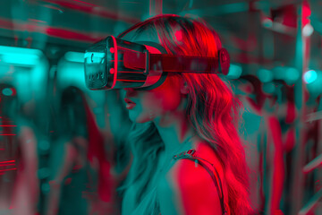 Poster - Woman using VR glasses spatial computer virtual reality goggles in public transportation bus, beautiful scenic cyberpunk neon