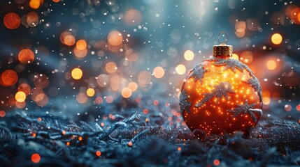 Poster - Winter holiday background with futuristic cyber happy new year greeting card and Christmas ball toy.