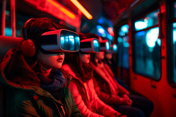 Poster - People using VR glasses spatial computer virtual reality goggles in public transportation bus, beautiful scenic cyberpunk neon