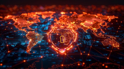 Poster - Cyber security, shield lock in futuristic polygonal style with world map background. Concept of internet privacy or cyber protection.