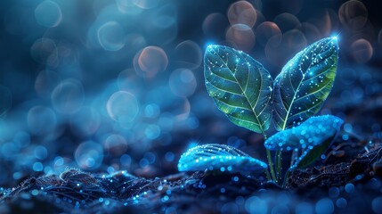 Poster - An abstract illustration of seedling tree leaves and DNA genome engineering vitamins isolated on dark blue background. Medical science and the environment. Low poly wireframe mesh.