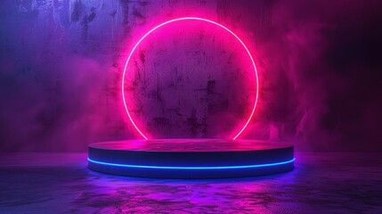 Poster - A white podium with an empty space for your product is isolated on a purple background - A neon circle surrounds the exhibition pedestal -