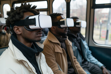 Poster - People using VR glasses spatial computer virtual reality goggles in public transportation bus, beautiful scenic cyberpunk neon