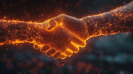 Aufkleber - The handshake is interpreted as a flaming steel handshake. Illustration isolated on dark background. Low poly wireframe. Particles are connected in a geometric silhouette.
