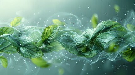 Aufkleber - Air flow modern set. Abstract light effect blowing from an air conditioner, purifier or humidifier. Dynamic blurred wave motion with mint leaves.