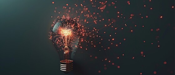 Poster - An abstract of a robotic hand holding a glowing yellow, colorful brain circuit within a light bulb on big data processing, deep learning, and science and technology innovation.