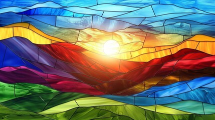 Wall Mural - sunset in the mountains stained glass window