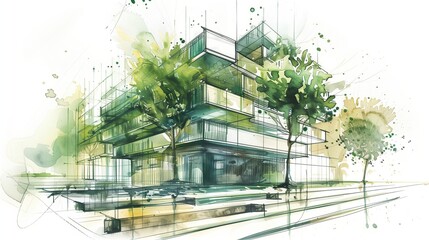 Wall Mural - Eco-friendly buildings surrounded by lush green trees, illustrating an urban development project focused on sustainability and a healthy environment.