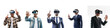 Set of man wearing modern VR vision headset, half body with hand gesture on transparency background PNG
