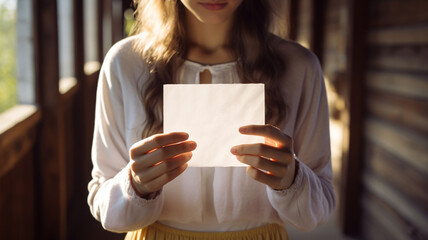 Wall Mural - A woman's hand holding a blank white paper, ready for writing, drawing, or any form of creative expression.