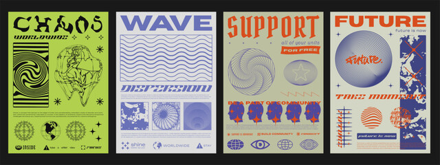 Poster - Cool Y2k Graphics Posters Vector Design. Futuristic Textured Shapes. Optical Illusion Texture.