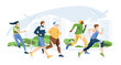 Spring or summer city runners. City marathon and running competition. Fitness and health. Diversity of people's characters. Vector flat illustration