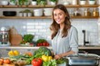 © Pinklife - A cheerful young woman with a knife and vegetables engages in meal preparation in a sunny home kitchen