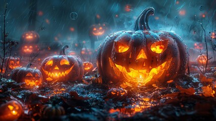 Poster - At Halloween, Jack O' Lanterns lie in a spooky forest at moonlight