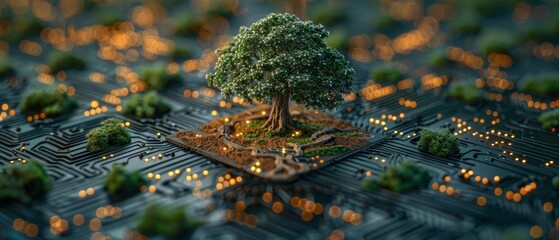Poster - CSPR and IT ethics concept with tree growing on converging point of computer circuit board. Blue light and wireframe network background.