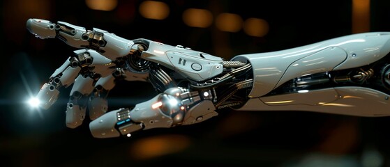 Leinwandbilder - Artificial intelligence, future technology, and business concept. A robot and human hand are displayed against a black background, accompanied by a flash light and virtual screen projection.