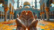 Close up hands Open up Palm Praying, isolated at blurred mosque as background.