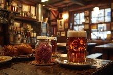 A Cozy Corner Of A Dimly Lit Pub With Pints Of Frothy Beer, Plates Of Fish And Chips, And Jars Of Pickled Onions.