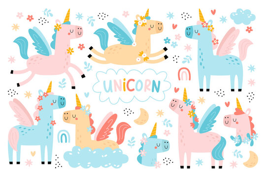 Cute unicorn character funny mythological and magical creature fairytale animal design elements