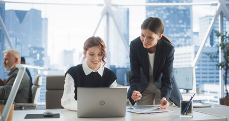 Aufkleber - Professional Female Lawyer and Intern Talking And Working On Laptop Computer In Skyscraper Office In Downtown. Two Caucasian Women Studying New Case in Workspace Of Law Firm With Diverse Colleagues.