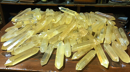 Wall Mural - A table filled with numerous yellow crystals shining under the light