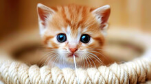 A Small Orange Kitten With Blue Eyes Sitting Calmly In A Woven Basket
