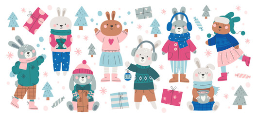 Wall Mural - Funny rabbit, cute bunny characters wearing warm winter clothes outwear and accessories set