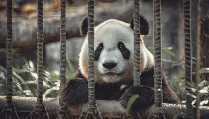 Big panda sitting behind bars in zoo